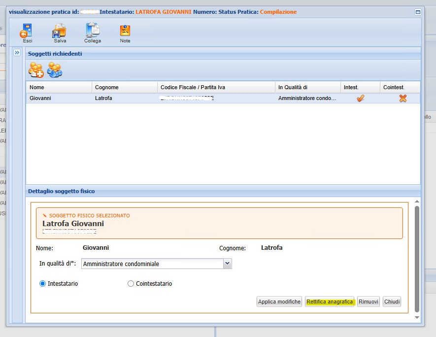 Selezionato il soggetto, il tasto "Rettifica anagrafica" nella sua scheda